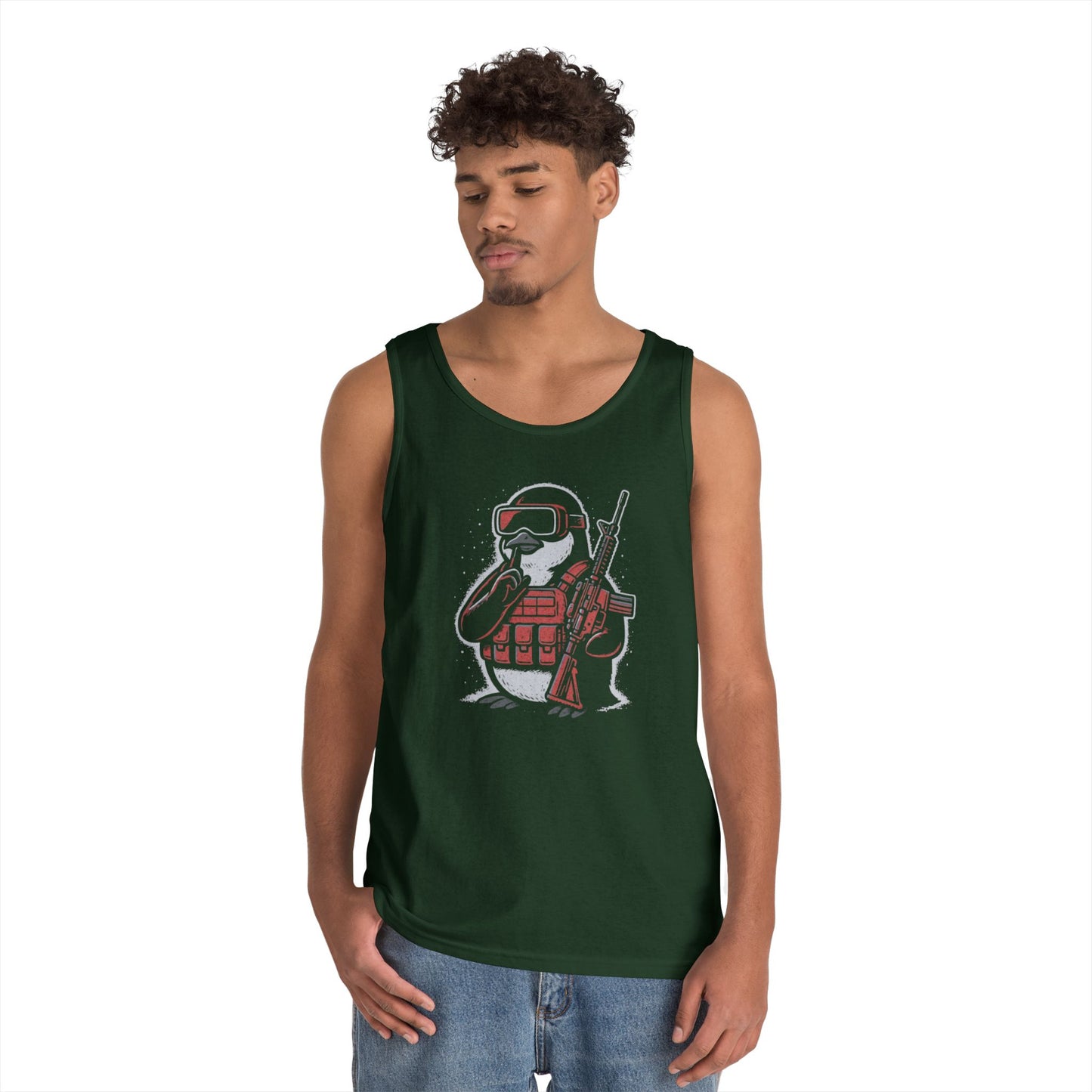 Stay Frosty Tactical Penguin Tank Top – Unisex Heavy Cotton, Multiple Colors, VR Gamer Club Apparel