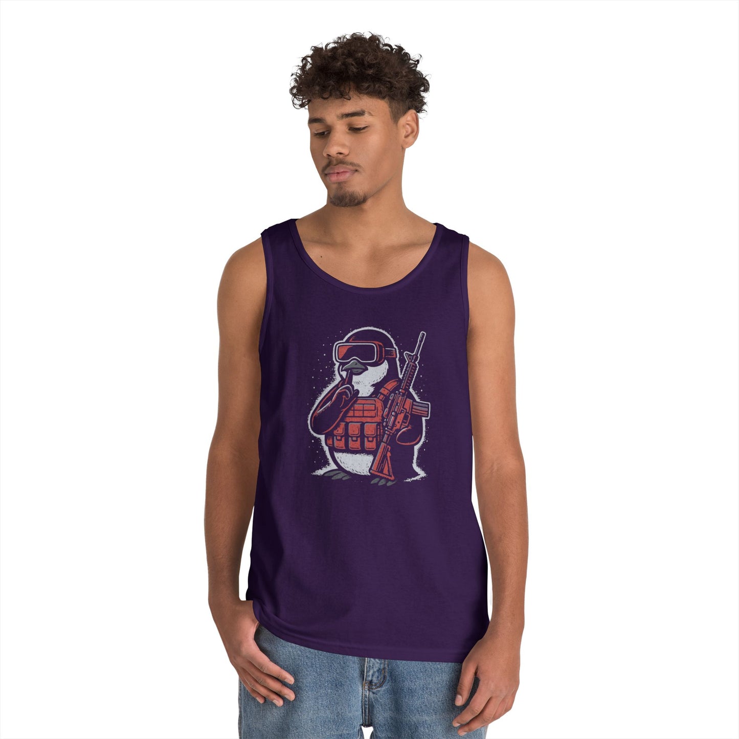Stay Frosty Tactical Penguin Tank Top – Unisex Heavy Cotton, Multiple Colors, VR Gamer Club Apparel