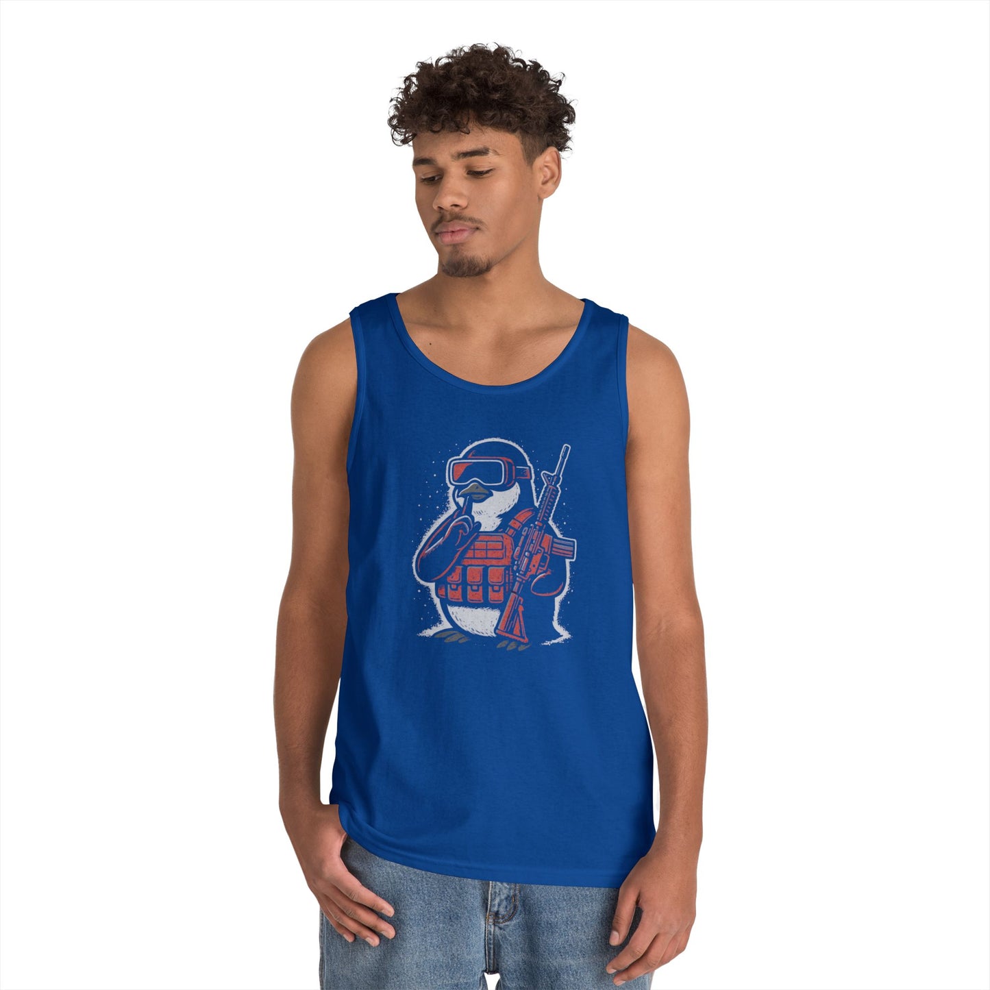 Stay Frosty Tactical Penguin Tank Top – Unisex Heavy Cotton, Multiple Colors, VR Gamer Club Apparel