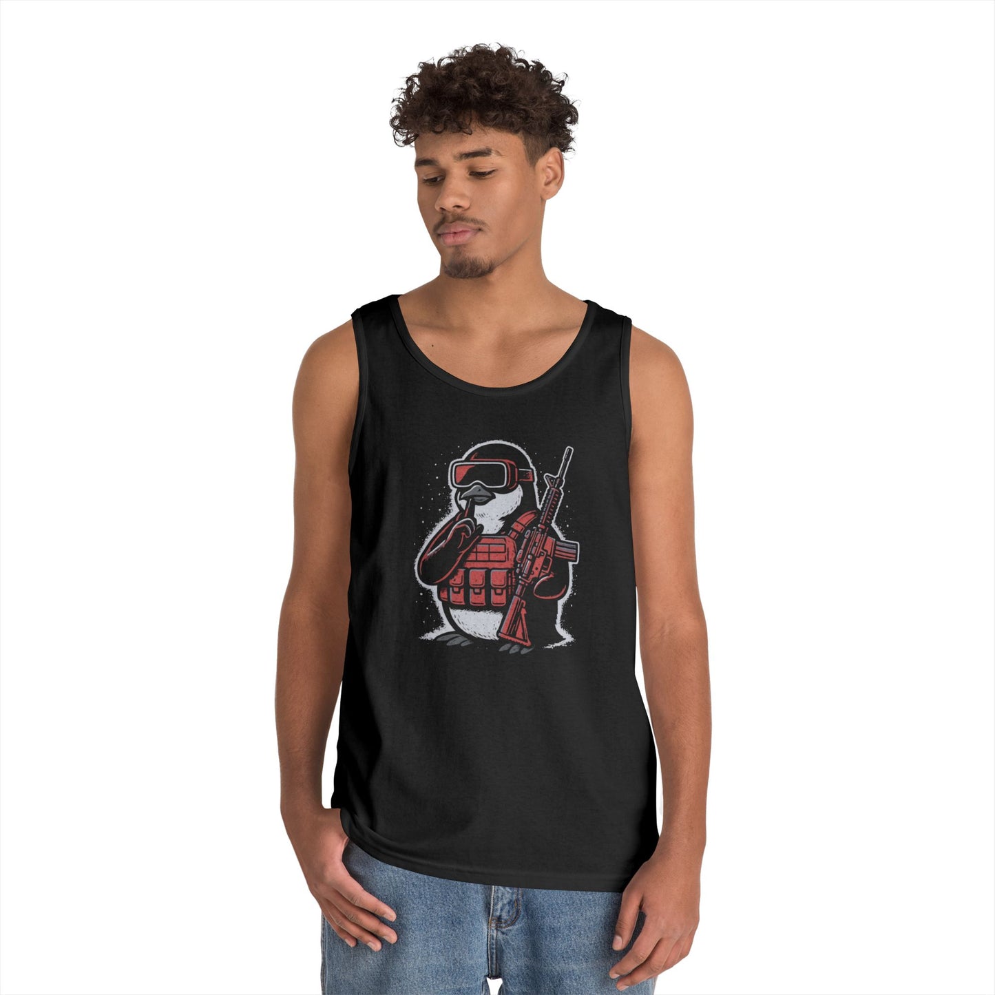 Stay Frosty Tactical Penguin Tank Top – Unisex Heavy Cotton, Multiple Colors, VR Gamer Club Apparel