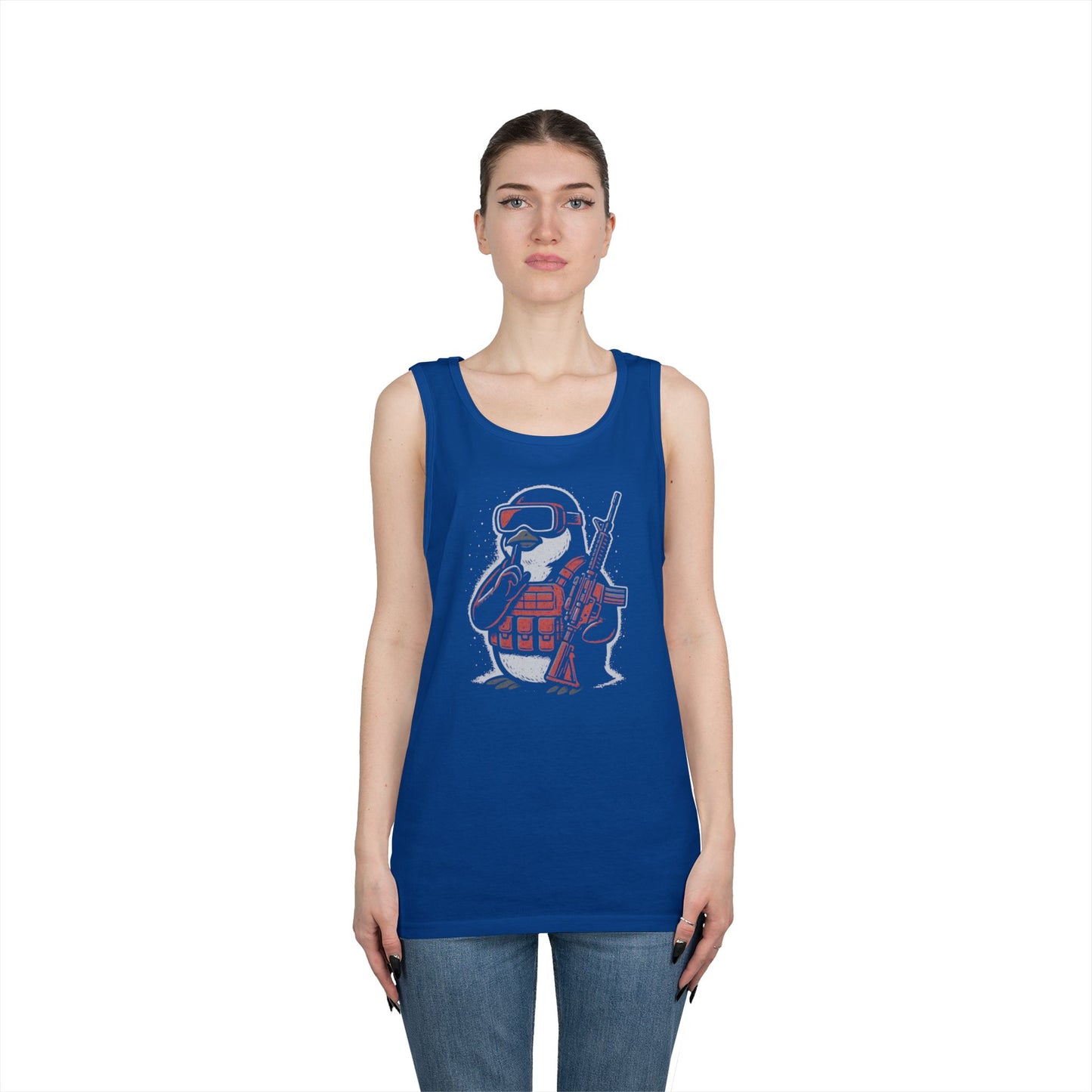 Stay Frosty Tactical Penguin Tank Top – Unisex Heavy Cotton, Multiple Colors, VR Gamer Club Apparel