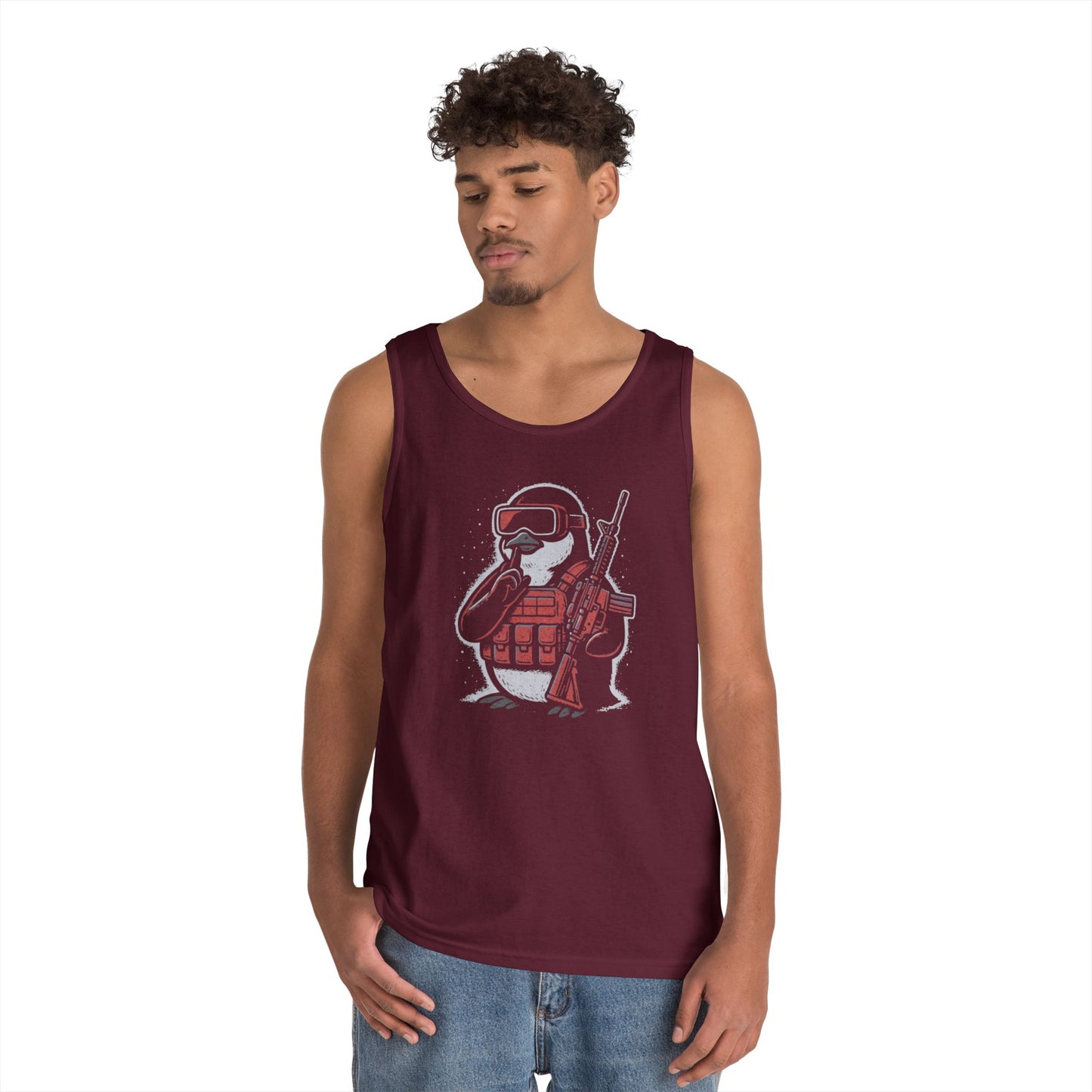 Stay Frosty Tactical Penguin Tank Top – Unisex Heavy Cotton, Multiple Colors, VR Gamer Club Apparel
