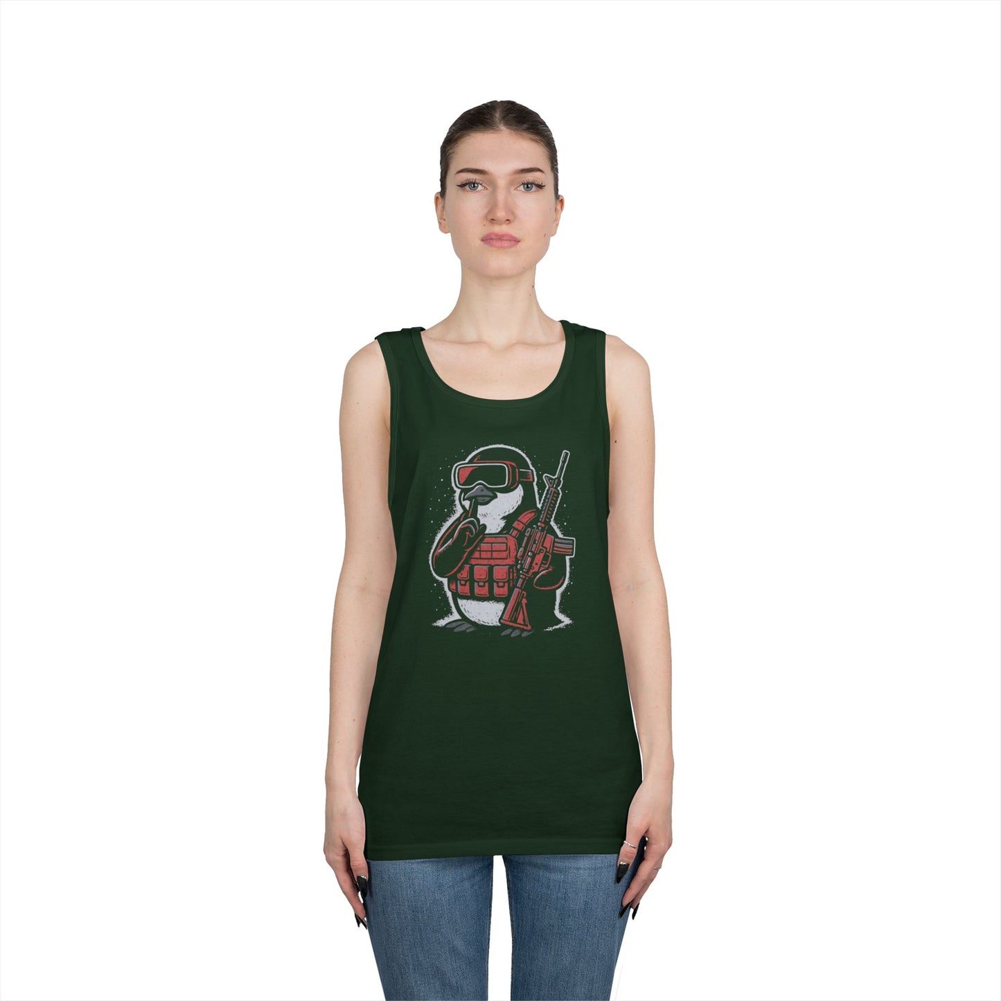 Stay Frosty Tactical Penguin Tank Top – Unisex Heavy Cotton, Multiple Colors, VR Gamer Club Apparel