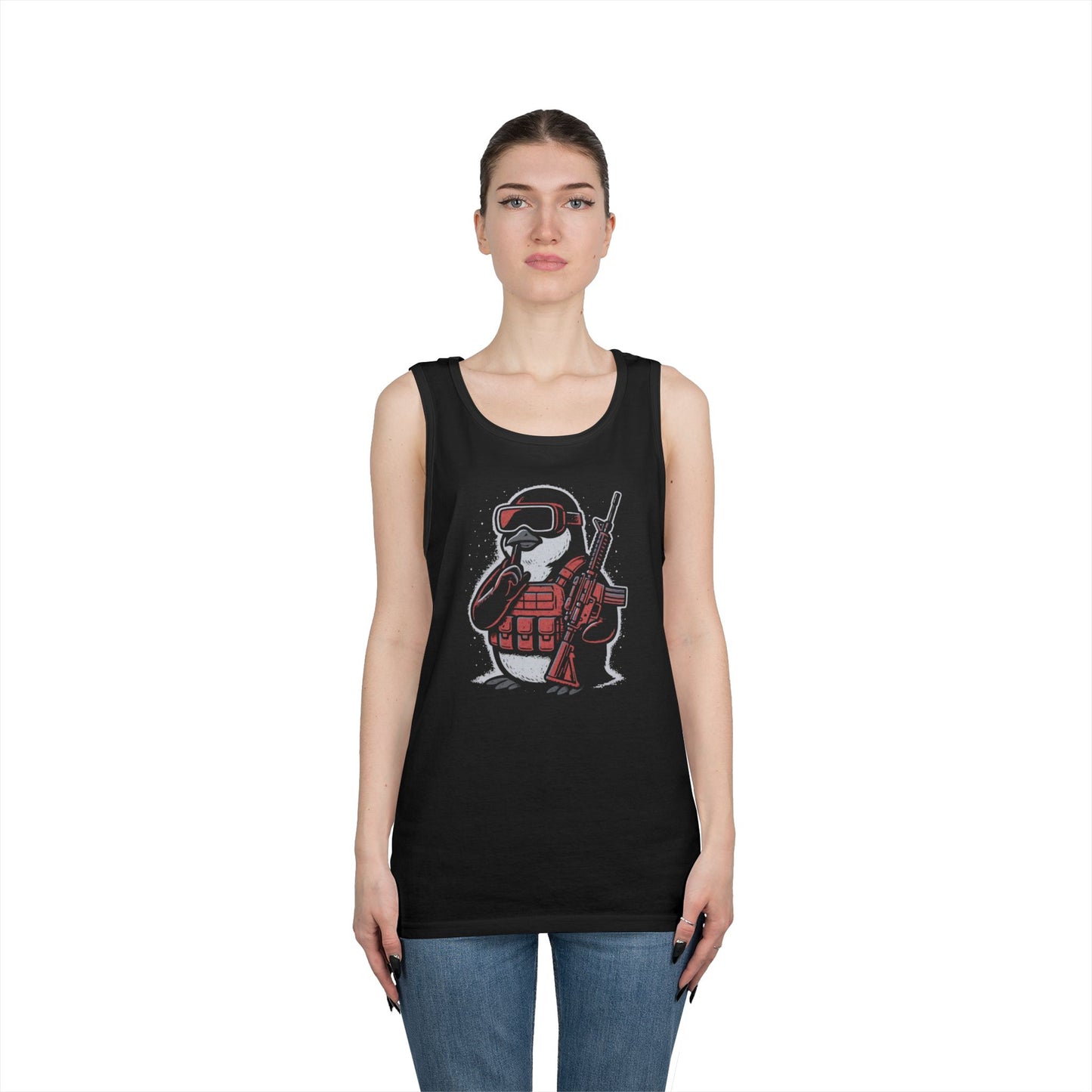 Stay Frosty Tactical Penguin Tank Top – Unisex Heavy Cotton, Multiple Colors, VR Gamer Club Apparel