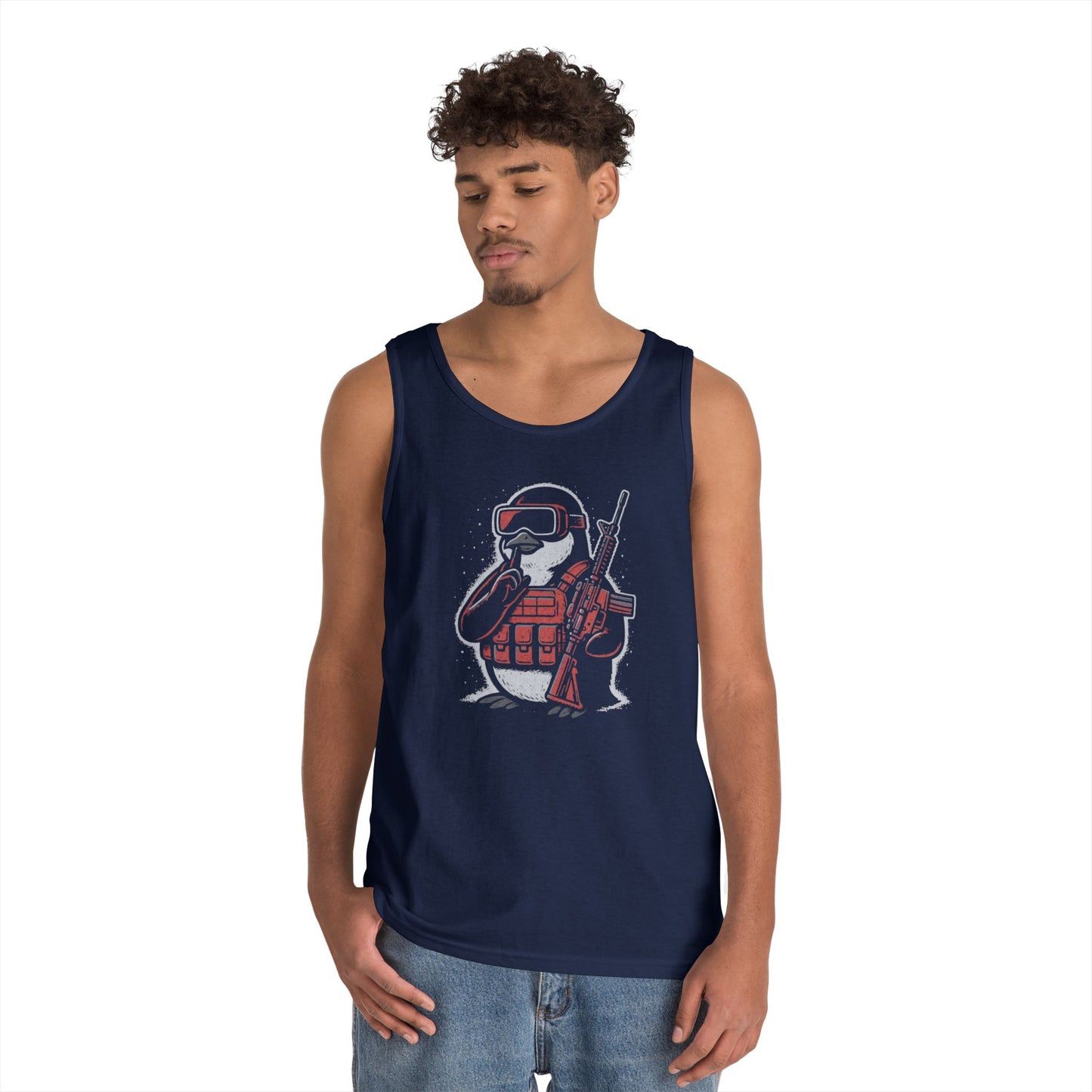 Stay Frosty Tactical Penguin Tank Top – Unisex Heavy Cotton, Multiple Colors, VR Gamer Club Apparel