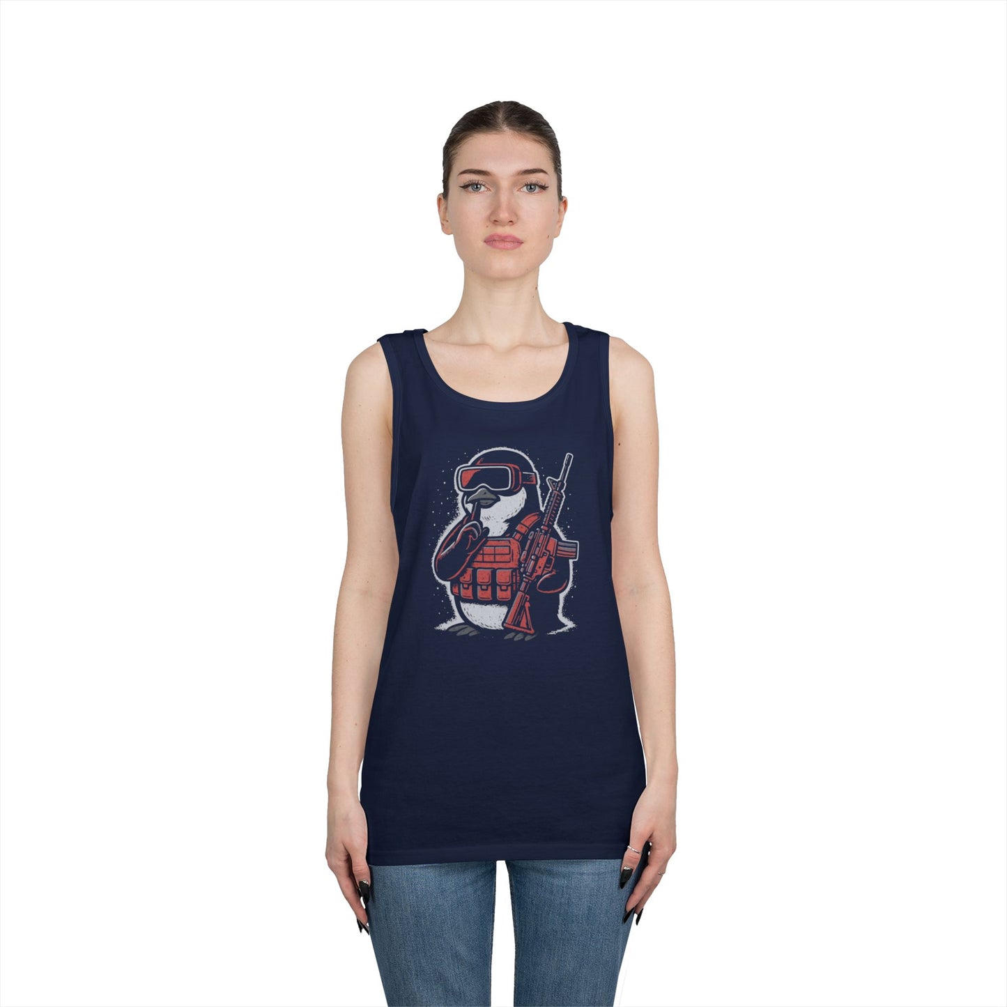 Stay Frosty Tactical Penguin Tank Top – Unisex Heavy Cotton, Multiple Colors, VR Gamer Club Apparel