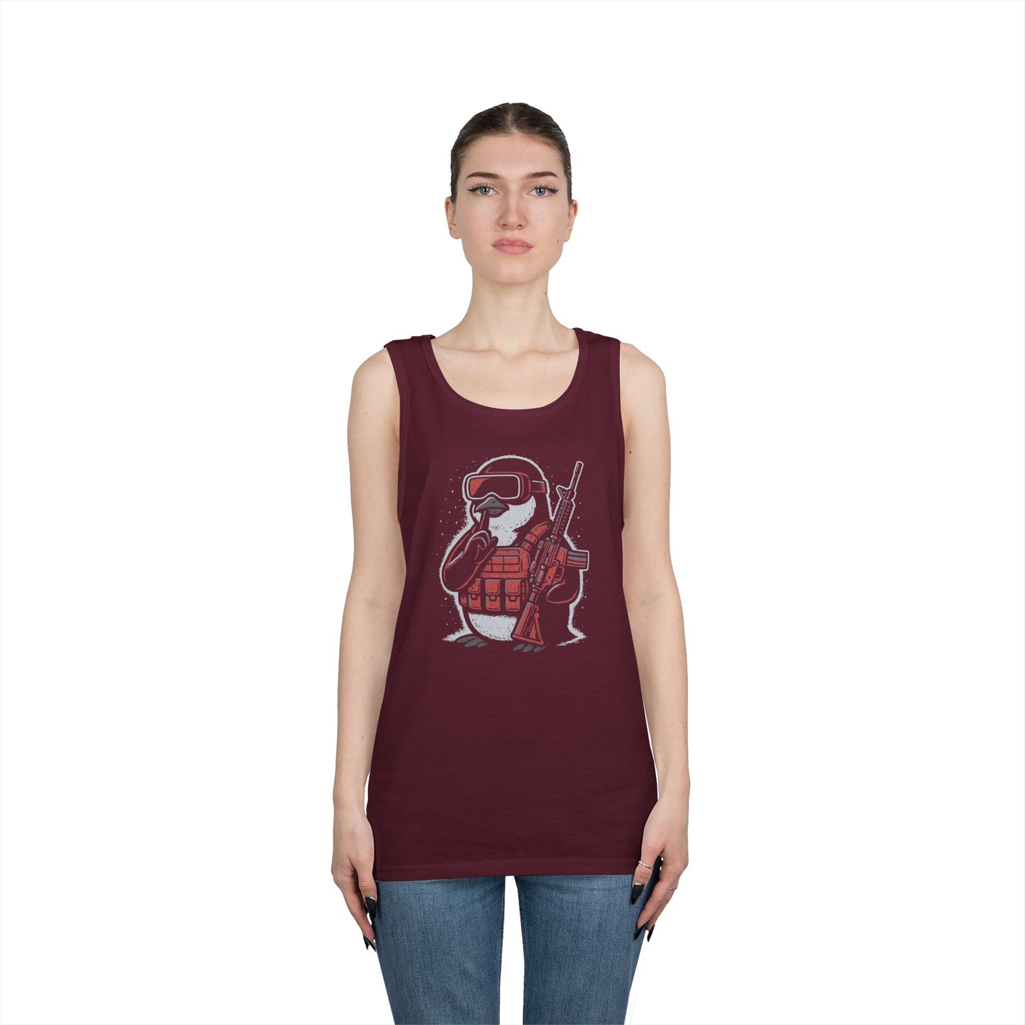 Stay Frosty Tactical Penguin Tank Top – Unisex Heavy Cotton, Multiple Colors, VR Gamer Club Apparel
