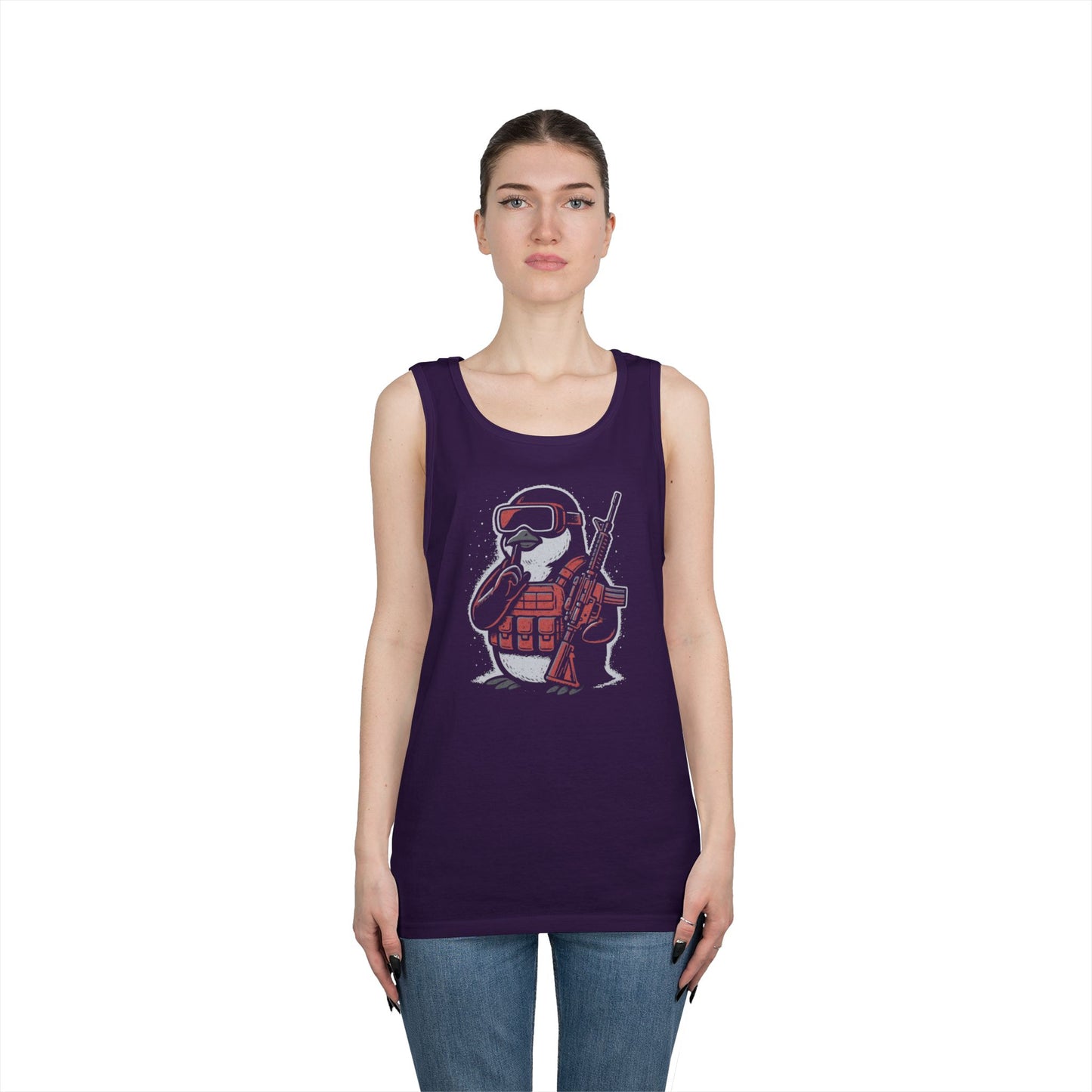 Stay Frosty Tactical Penguin Tank Top – Unisex Heavy Cotton, Multiple Colors, VR Gamer Club Apparel